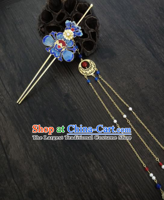 Chinese Ancient Palace Blueing Lotus Hair Clips Hair Accessories Traditional Classical Tassel Hairpins for Women