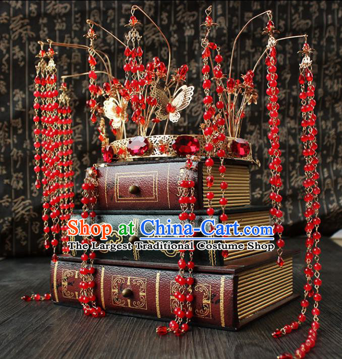 Chinese Ancient Palace Hair Accessories Traditional Wedding Classical Red Beads Tassel Phoenix Coronet Hairpins for Women