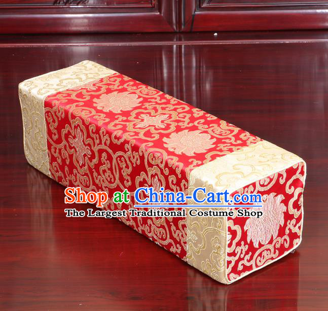 Chinese Traditional Household Accessories Armrest Pillow Classical Lotus Pattern Red Brocade Pillow