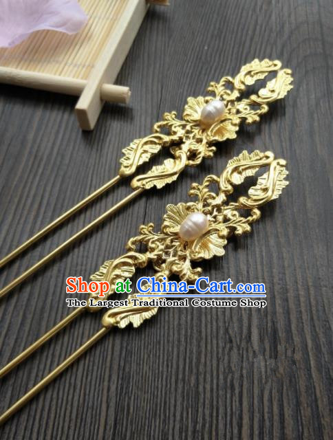 Chinese Ancient Princess Hair Accessories Traditional Pearls Golden Hairpins for Women