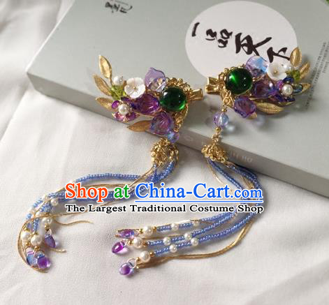 Chinese Ancient Hanfu Hair Accessories Traditional Green Coloured Glaze Hair Claws Tassel Hairpins for Women