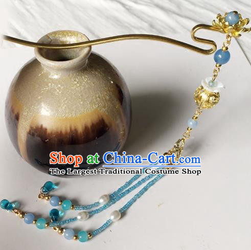 Chinese Ancient Hanfu Hair Accessories Traditional Light Blue Beads Tassel Lotus Hairpins for Women