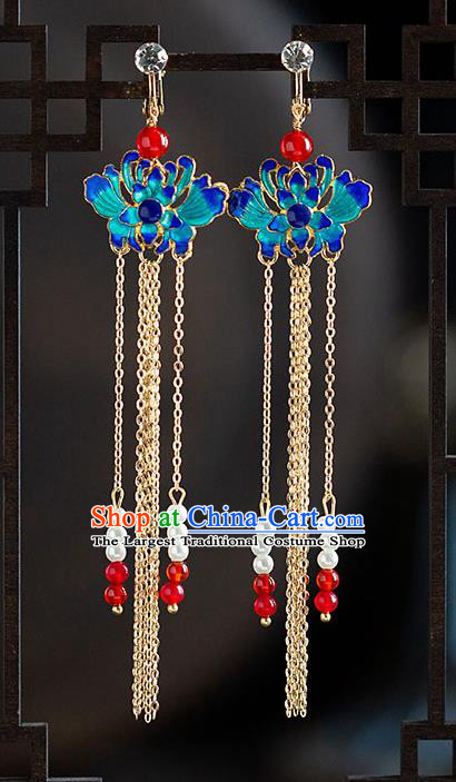 Chinese Ancient Hanfu Jewelry Accessories Traditional Wedding Tassel Blueing Lotus Earrings for Women