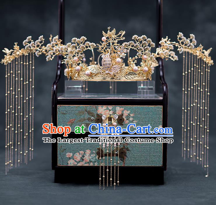 Chinese Ancient Wedding Hair Accessories Traditional Bride Hanfu Hairpins Golden Pineburst Phoenix Coronet for Women