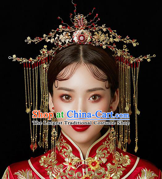Chinese Ancient Wedding Red Crystal Phoenix Coronet Traditional Bride Palace Hair Accessories for Women