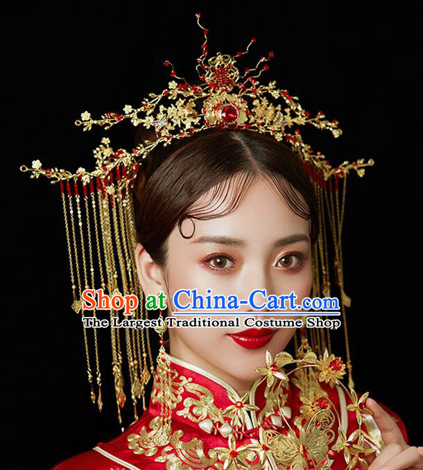 Chinese Ancient Wedding Red Crystal Phoenix Coronet Traditional Bride Palace Hair Accessories for Women