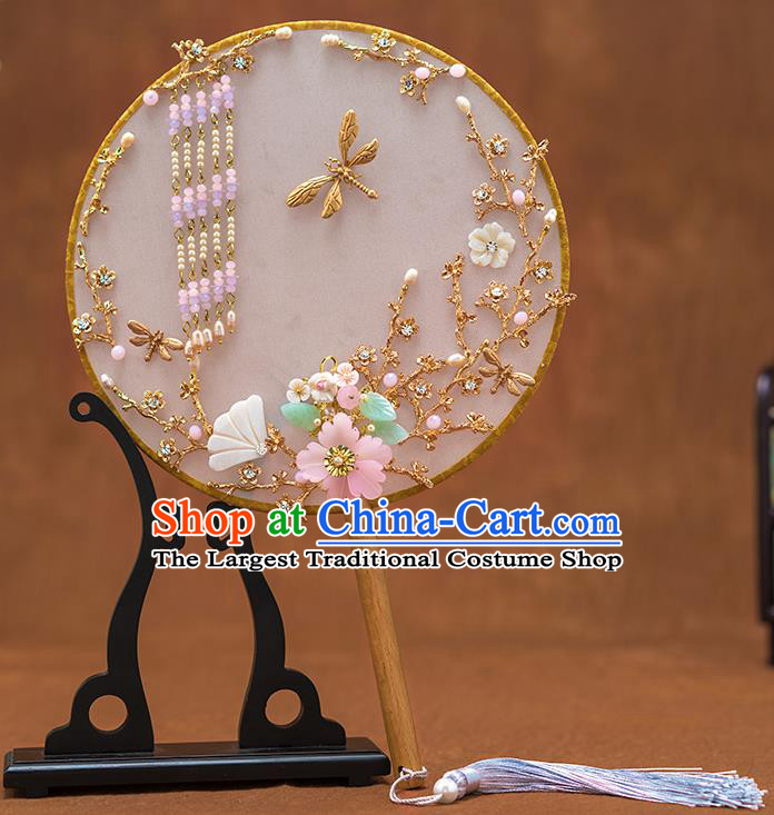 Chinese Ancient Bride Tassel Round Fans Traditional Wedding Classical Palace Fans for Women