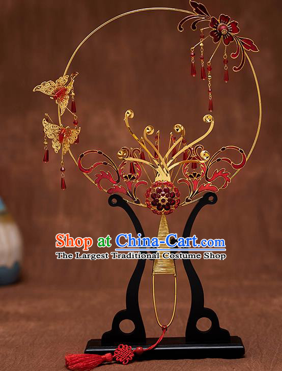 Chinese Traditional Wedding Cloisonne Red Round Fans Classical Ancient Bride Palace Fans for Women