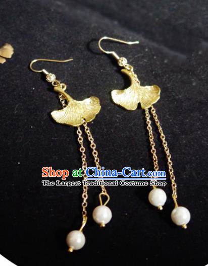 Chinese Ancient Hanfu Jewelry Accessories Traditional Wedding Golden Ginkgo Leaf Earrings for Women