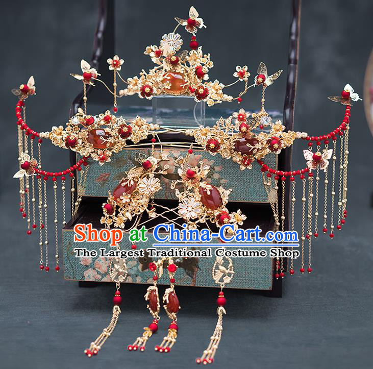Chinese Ancient Bride Agate Hair Accessories Traditional Wedding Hanfu Hairpins Complete Set for Women