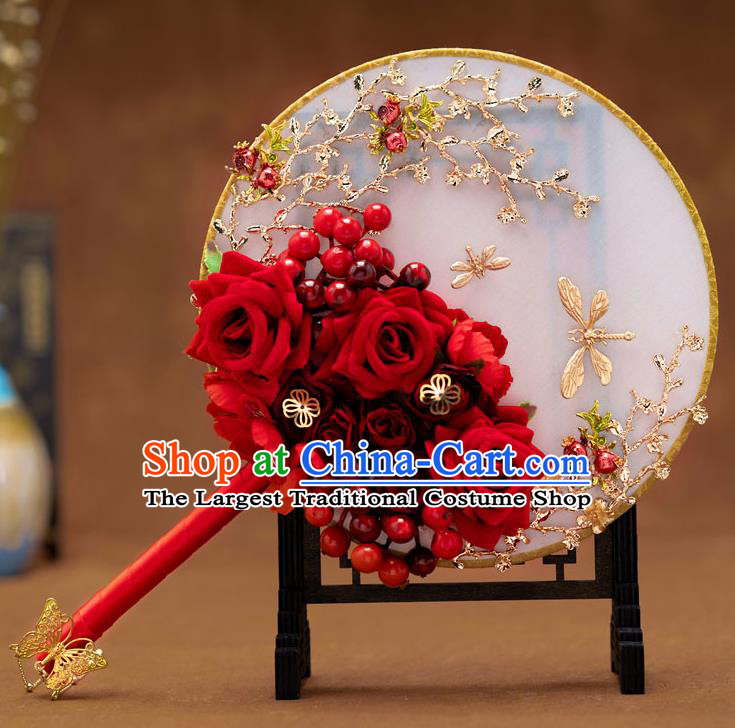 Chinese Ancient Bride Red Roses Round Fans Traditional Wedding Classical Palace Fans for Women