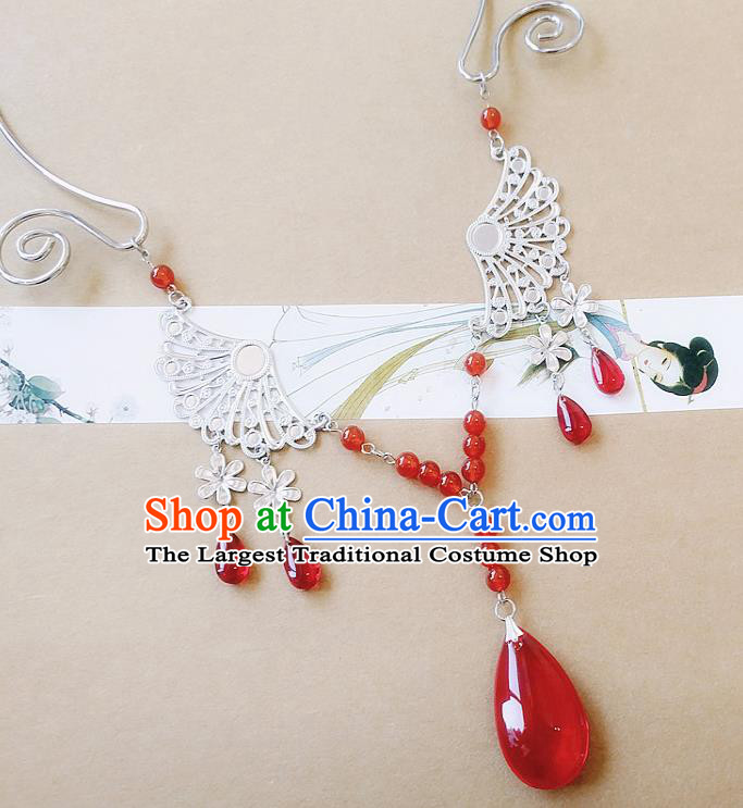 Chinese Ancient Bride Hanfu Accessories Traditional Palace Red Crystal Necklace for Women
