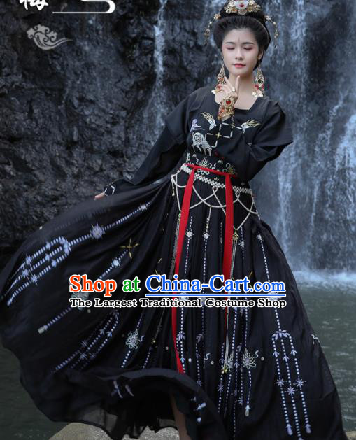 Traditional Chinese Tang Dynasty Palace Lady Replica Costumes Ancient Drama Peri Black Hanfu Dress for Women
