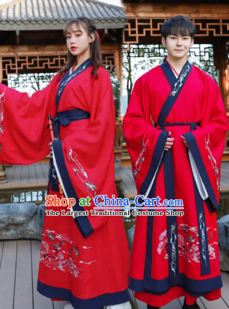 Chinese Ancient Swordsman Red Hanfu Dress Traditional Han Dynasty Knight Replica Costume for Women for Men