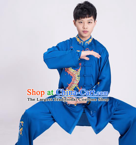 Top Kung Fu Competition Costume Group Martial Arts Gongfu Training Embroidered Dragon Blue Uniform for Men