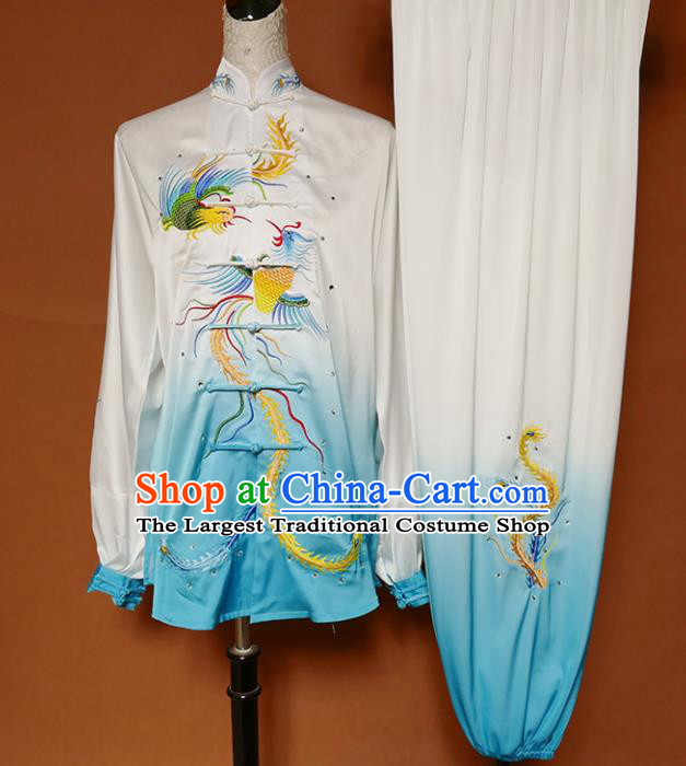 Top Group Kung Fu Costume Tai Ji Training Embroidered Phoenix Blue Uniform Clothing for Women
