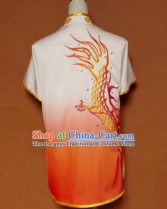 Top Kung Fu Group Competition Costume Martial Arts Wushu Training Embroidered Dragon Orange Uniform for Men