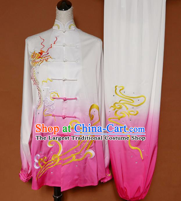 Top Grade Kung Fu Costume Martial Arts Training Tai Ji Embroidered Dragon Pink Uniform for Adults