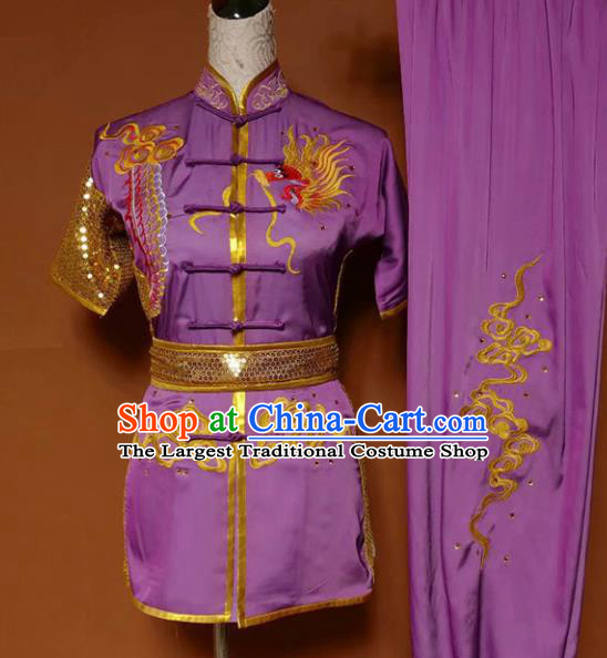Top Kung Fu Group Competition Costume Martial Arts Wushu Training Embroidered Dragon Purple Uniform for Men