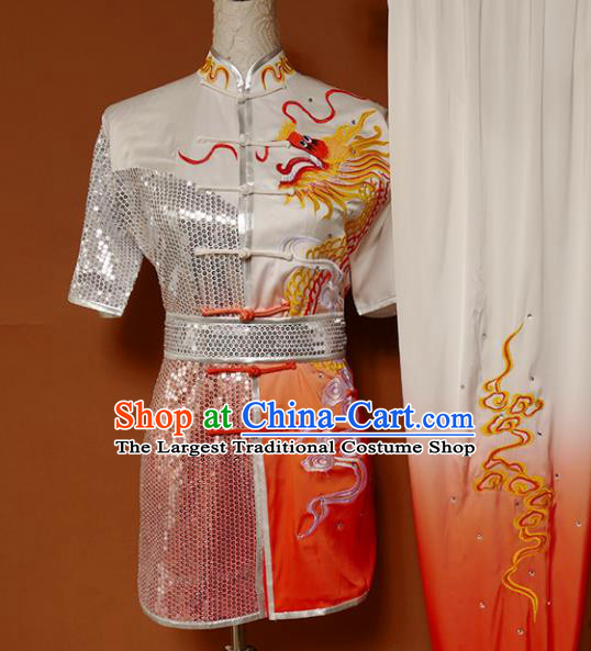 Top Kung Fu Group Competition Costume Martial Arts Wushu Embroidered Dragon Orange Uniform for Men