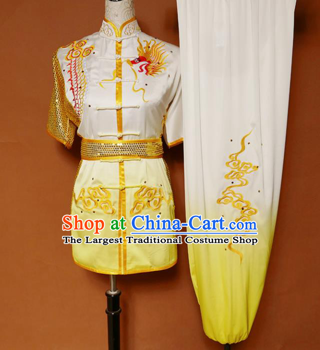 Top Kung Fu Competition Costume Group Martial Arts Training Embroidered Dragon Yellow Uniform for Men
