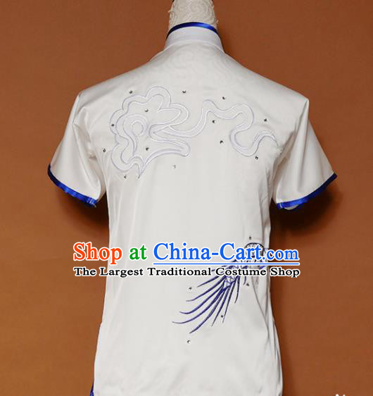Top Kung Fu Group Competition Costume Martial Arts Wushu Embroidered Dragon White Uniform for Men
