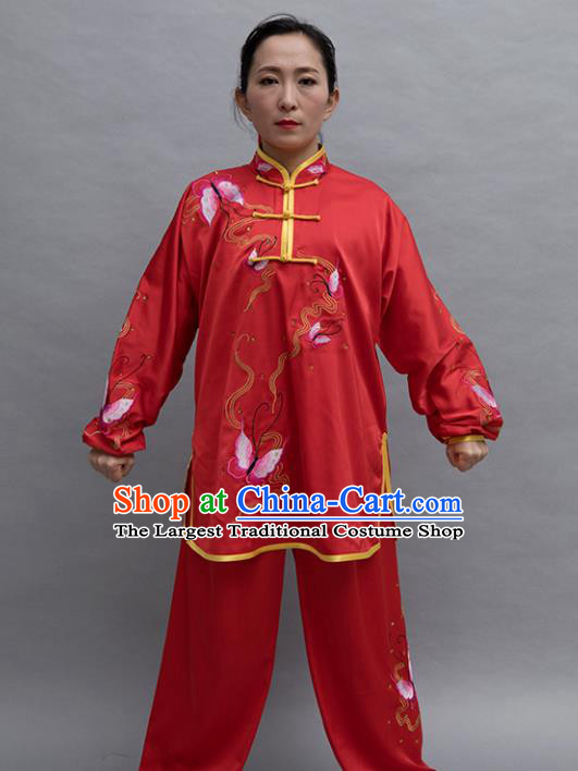 Top Group Kung Fu Costume Tai Ji Training Embroidered Butterfly Red Uniform Clothing for Women