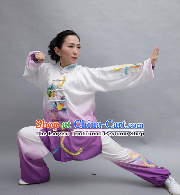 Top Tai Ji Training Embroidered Phoenix Purple Uniform Kung Fu Group Competition Costume for Women