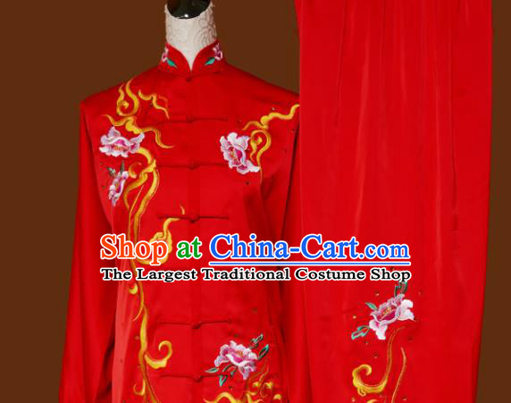 Top Tai Ji Training Embroidered Peony Red Uniform Kung Fu Group Competition Costume for Women
