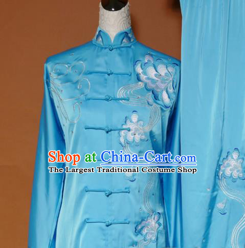 Top Tai Ji Training Embroidered Peony Blue Uniform Kung Fu Group Competition Costume for Women