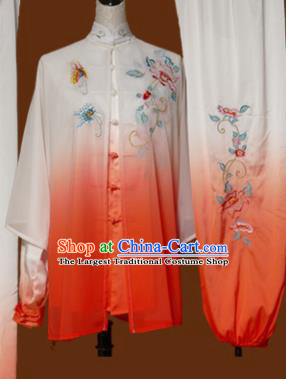 Chinese Traditional Tai Chi Training Embroidered Peony Orange Uniform Kung Fu Group Competition Costume for Women