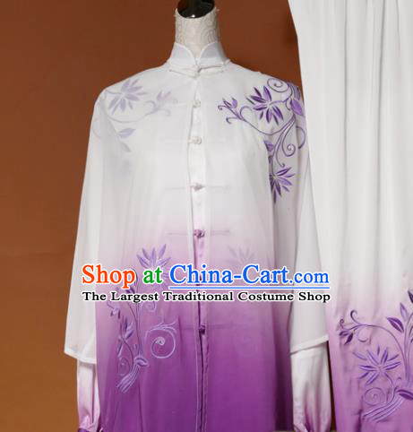 Chinese Traditional Tai Chi Training Embroidered Purple Silk Uniform Kung Fu Group Competition Costume for Women