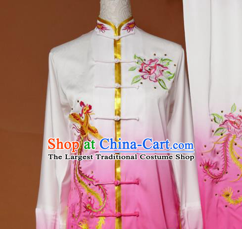 Chinese Traditional Tai Chi Embroidered Pink Silk Uniform Kung Fu Group Competition Costume for Women