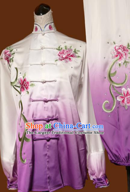 Chinese Traditional Tai Chi Embroidered Peony Purple Uniform Kung Fu Group Competition Costume for Women