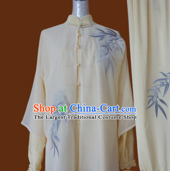 Top Grade Kung Fu Embroidered Bamboo Beige Costume Chinese Tai Chi Martial Arts Training Uniform for Adults