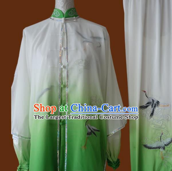 Top Grade Kung Fu Embroidered Cranes Green Costume Chinese Martial Arts Training Tai Ji Uniform for Adults