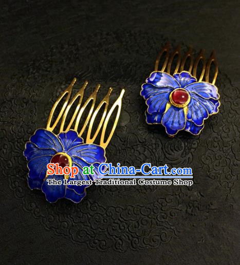 Chinese Ancient Handmade Palace Blueing Peony Hair Comb Traditional Classical Hair Accessories for Women