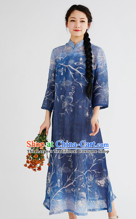Chinese National Costume Traditional Cheongsam Classical Printing Navy Qipao Dress for Women
