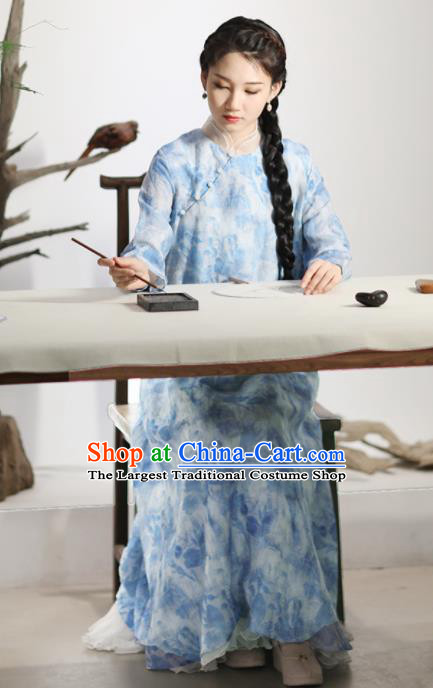 Chinese National Costume Traditional Cheongsam Classical Printing Light Blue Qipao Dress for Women