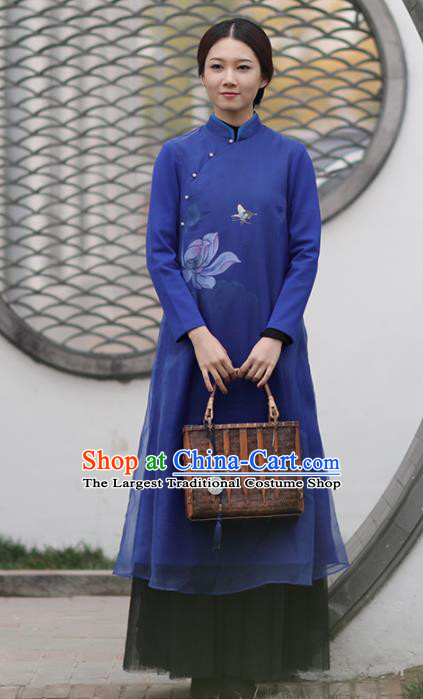 Chinese National Costume Traditional Cheongsam Classical Printing Lotus Deep Blue Qipao Dress for Women