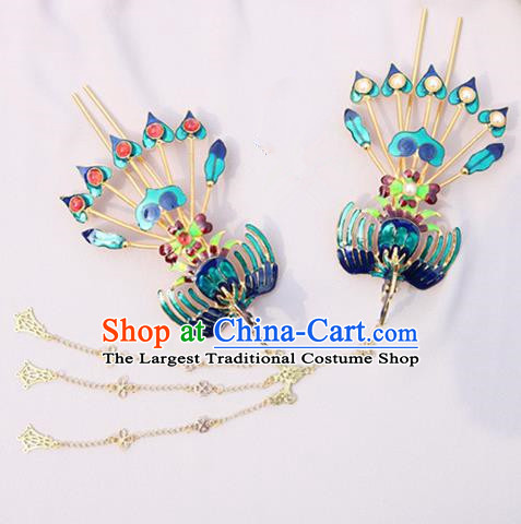 Chinese Traditional Handmade Blueing Hairpins Phoenix Step Shake Classical Hair Accessories for Women