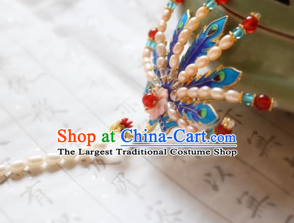 Chinese Ancient Handmade Cloisonne Phoenix Pearls Hair Crown Hairpins Traditional Classical Hair Accessories for Women