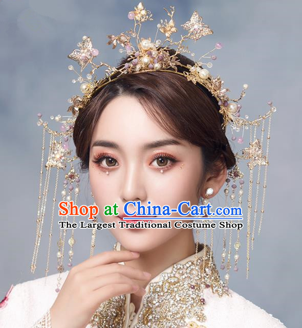 Chinese Ancient Crystal Butterfly Phoenix Coronet Bride Hairpins Traditional Wedding Hair Accessories for Women