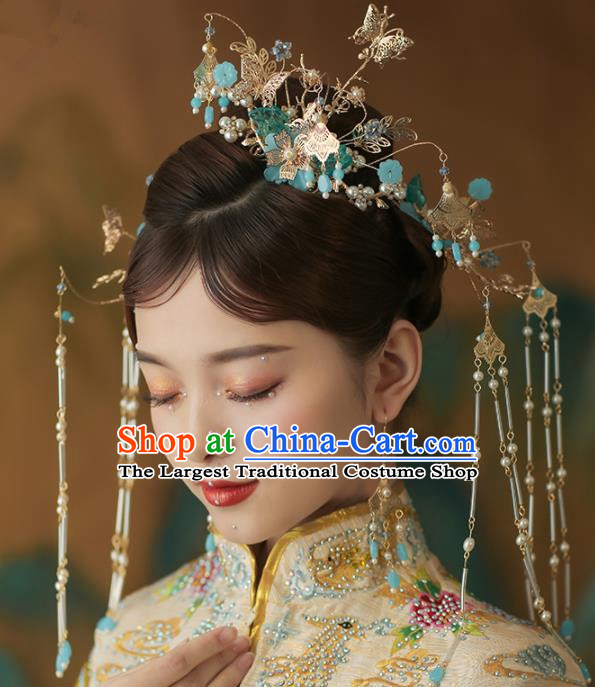 Chinese Ancient Palace Blue Flowers Phoenix Coronet Tassel Hairpins Traditional Wedding Hair Accessories for Women
