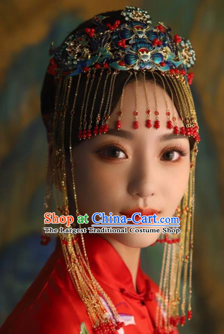Chinese Ancient Palace Phoenix Coronet Blueing Lotus Hairpins Traditional Hair Accessories Headdress for Women