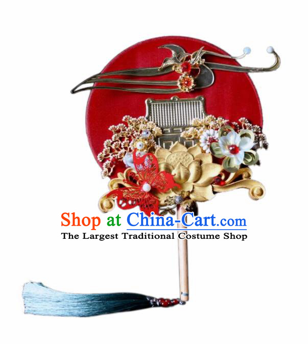 Chinese Handmade Classical Red Palace Fans Wedding Bride Accessories Round Fan for Women