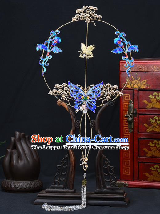 Chinese Handmade Classical Cloisonne Butterfly Palace Fans Wedding Bride Accessories Round Fan for Women