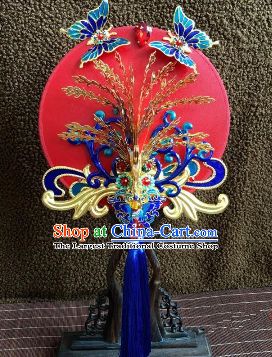 Chinese Handmade Bride Classical Cloisonne Red Palace Fans Wedding Accessories Round Fan for Women