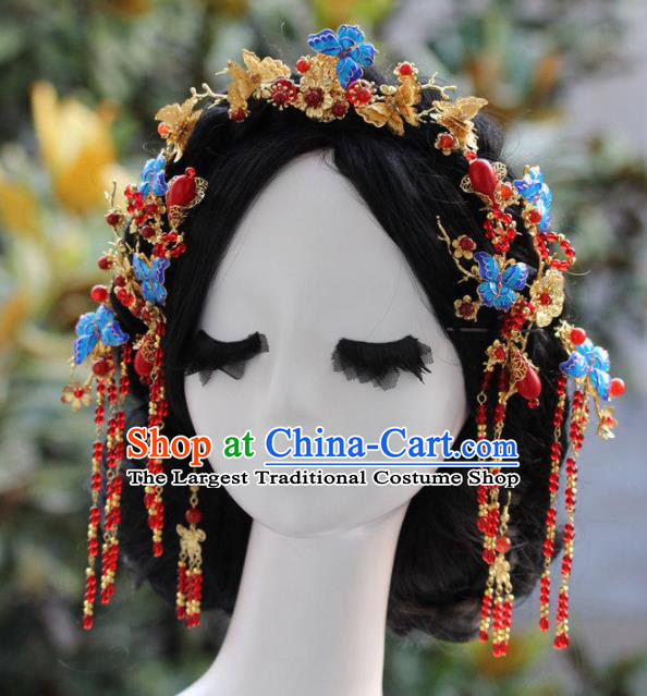 Top Grade Chinese Ancient Bride Wedding Blueing Butterfly Hair Comb Hairpins Traditional Hair Accessories Headdress for Women