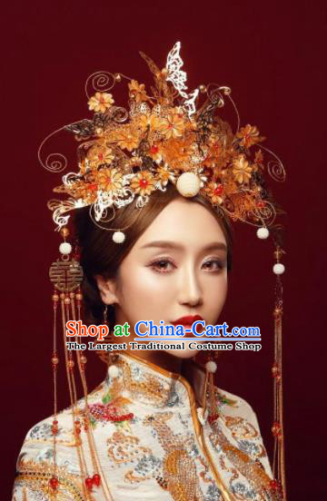 Top Grade Chinese Ancient Bride Wedding Golden Butterfly Phoenix Coronet Traditional Hair Accessories Headdress for Women